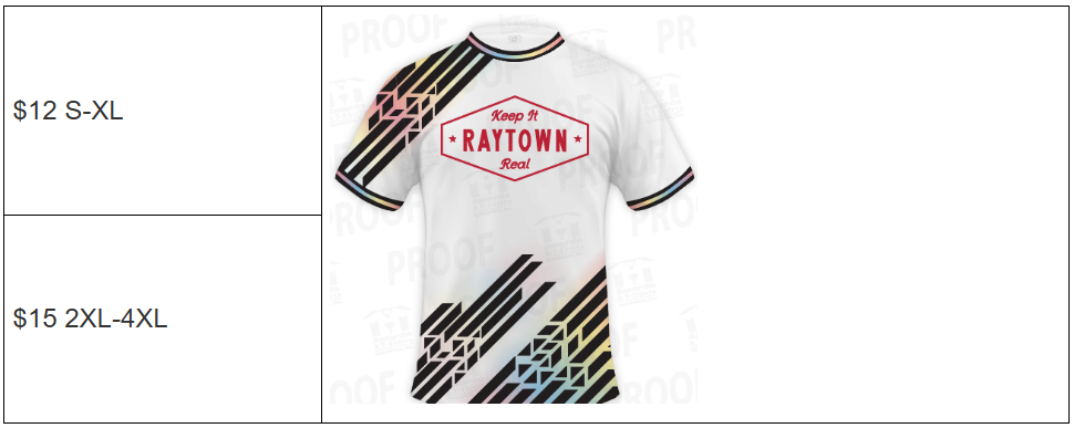 Image of Raytown soccer jersey, with price listing $12 for S-XL and $15 2XL-4XL